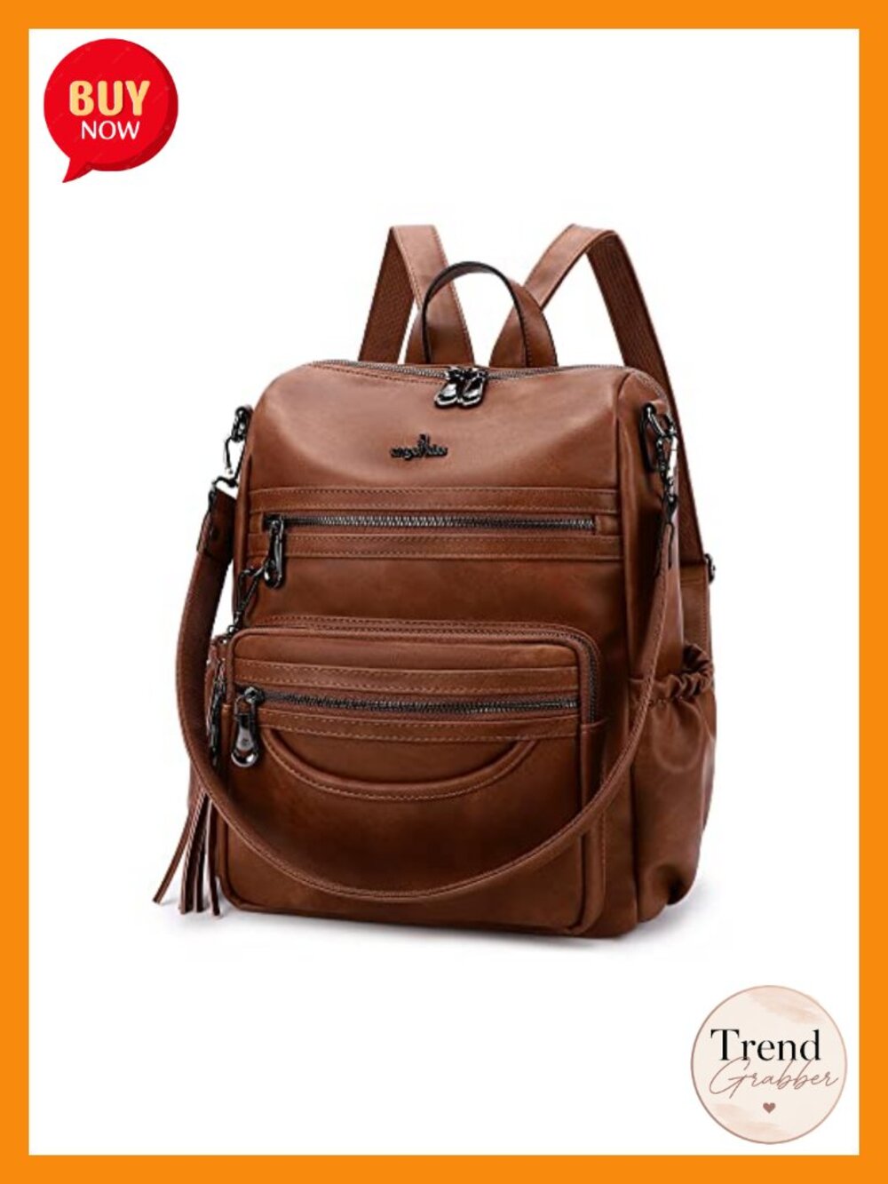 Vegan Leather Zipper Casual Backpack & Shoulder Bag with Waterproof Pocket